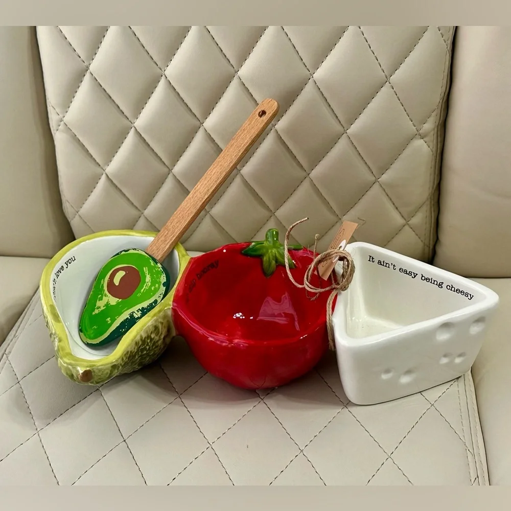 Mud Pie Fiesta Dip Bowl Set hand-painted ceramic triple tidbit dish